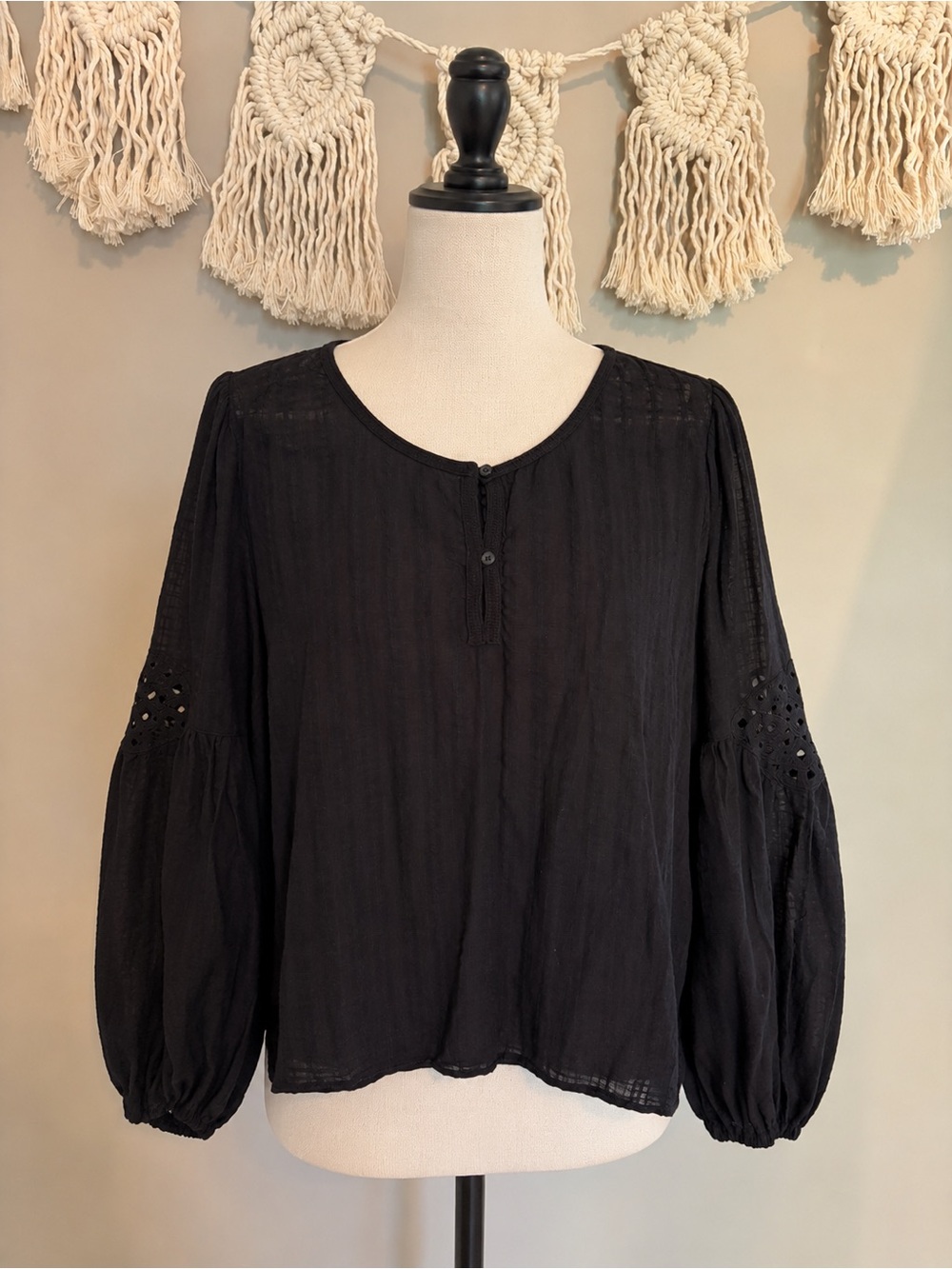 Max Studio Black Peasant Blouse with Eyelet Balloon Sleeves